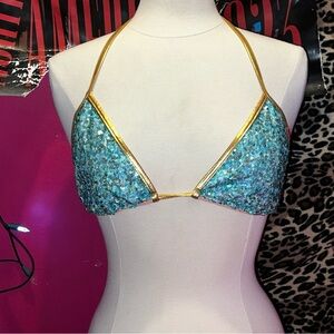 Sparkling Blue and Gold Halter Bikini Top/halloween costume top